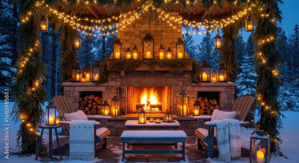 Fototapeta premium Cozy Winter Outdoor Fireplace Scene Illuminated by Lanterns and Lights
