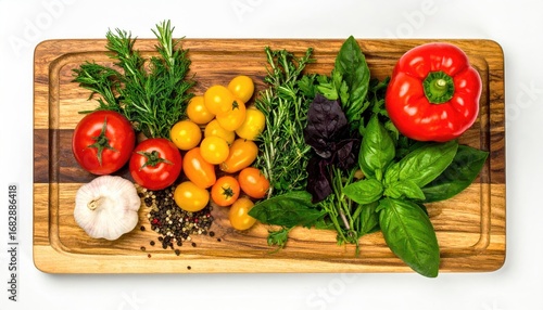 A vibrant arrangement of colorful fresh produce and herbs on a wooden cutting board, including tomatoes, peppers, basil, rosemary, and garlic