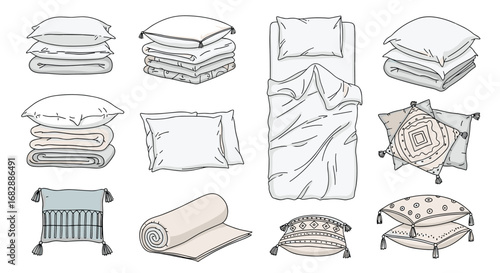 A collection of various bedding items including pillows sheets and mattress topper providing comfort and support