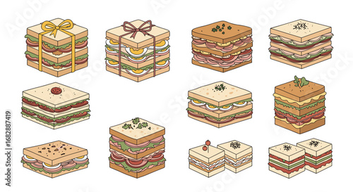 A captivating collection of deliciously layered savory and sweet sandwiches displayed in a grid arrangement