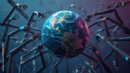 Robotic arms reaching for planet earth: artificial intelligence taking over world