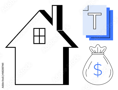 House outline next to documents stack and dollar-sign money bag. Ideal for real estate, mortgage, investment, property, loan management, financial planning, simple landing page