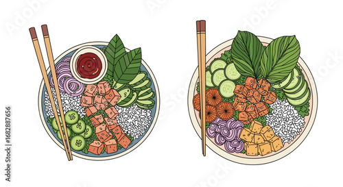 Vibrant healthy poke bowl meal featuring fresh ingredients and chopsticks ready for enjoyment