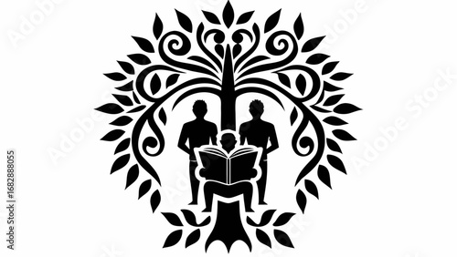 Illustration of a tree with leaves and branches surrounding people and a person reading a book in black and white silhouette