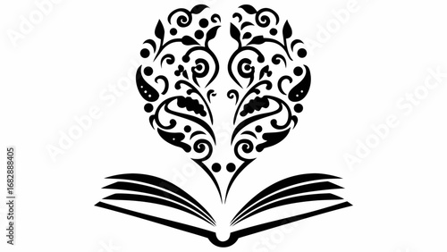 An open book with floral designs emanating upwards in black and white illustration style artwork image silhouette