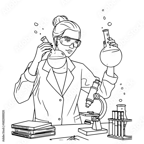 a woman in a lab coat is holding a flask and a beaker 