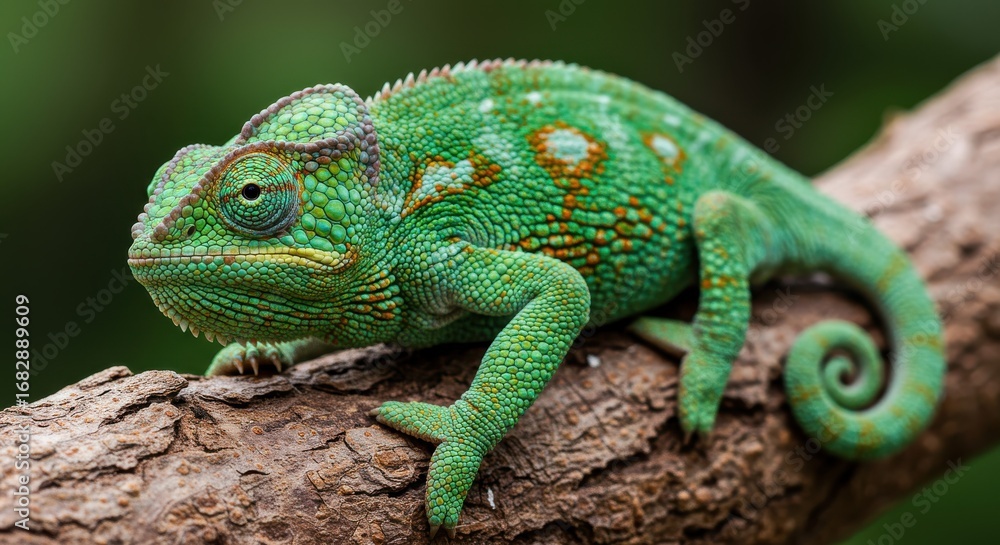 Obraz premium A vibrant green chameleon rests camouflaged on a textured tree branch, showcasing its intricate skin patterns and detailed texture.