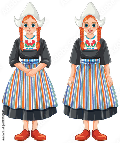 Dutch Girls in Traditional Folk Costume with Braided Hair