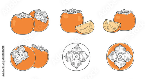 Vibrant orange persimmons with natural textures presented in a variety of fresh fruit arrangements