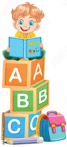 Smiling Child Reading on Alphabet Blocks Stack