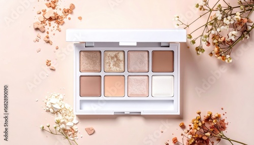 A white makeup palette with eight neutral-toned shadows, surrounded by dried flowers on a light pink background. Studio shot