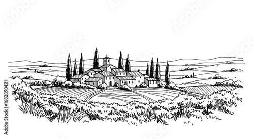 A rustic italian countryside estate with cypress trees and rolling hills in the distance sketch