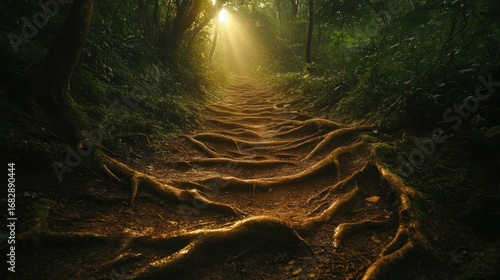 Sunlit forest path with glowing tree roots creating a mystical trail