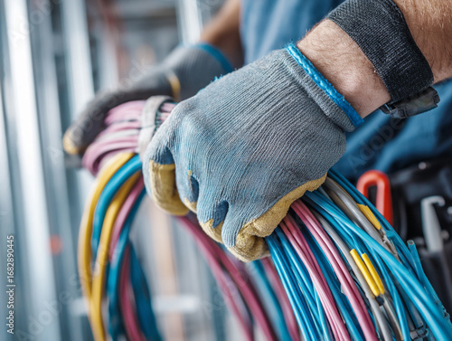 Electrician preparing colorful wires for installation in a construction site to ensure safe and efficient wiring