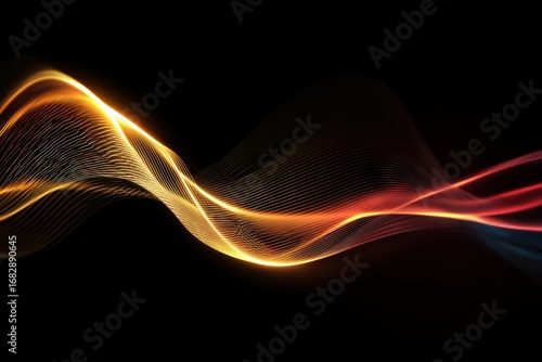 Colorful glowing abstract wave lines on black background representing energy flow, technology, and futuristic digital movement