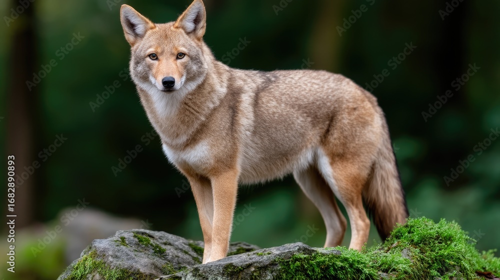 Obraz premium Coyote standing on a mossy rock in a dense forest, capturing a moment of alertness in the heart of nature during daytime
