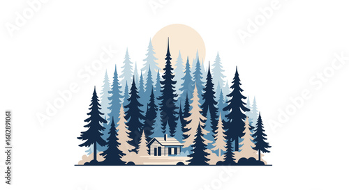 Serene woodland cabin nestled amongst tall evergreen trees under a warm setting sun