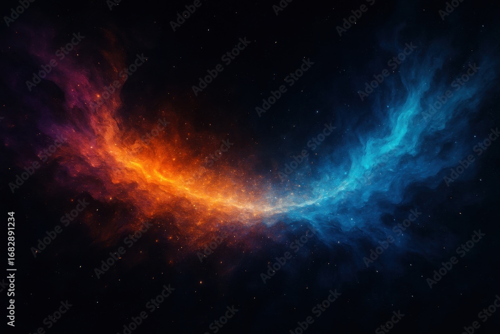 Obraz premium Swirling cosmic nebula with vibrant orange and blue clouds and distant stars space cosmos