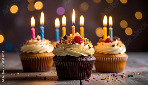 Cupcakes with lit candles on a wooden surface