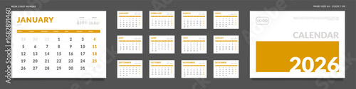 Set of 2026 Calendar Planner Template Pages Monthly, Cover with Place for Photo and Company Logo. Vector layout of a wall or desk organizer grid with week start Monday ready print. Pages A4-21x29.7cm