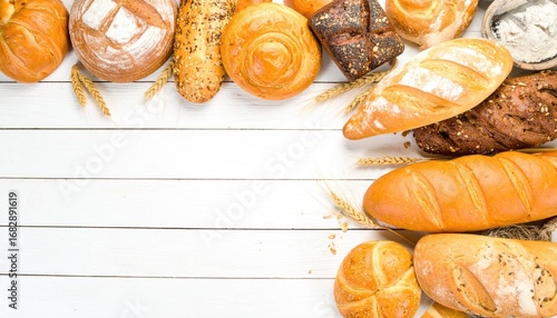 An assortment of rustic breads and wheat stalks are arranged at the top of a white, wooden surface, leaving space for text beneath the array