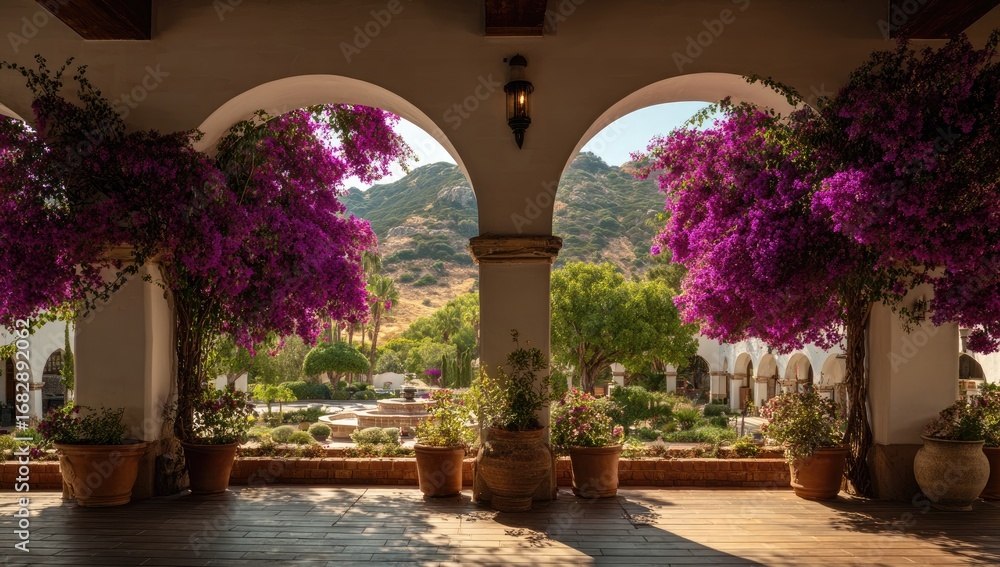 Fototapeta premium A sun-drenched courtyard with arched walkways, vibrant bougainvillea, and mountain views