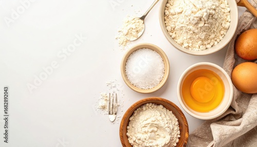 A bright, top-down shot of ingredients flour, sugar, and eggs. Bowls and spoons display the foods. Fabric and utensils are partially visible