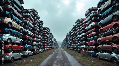 Stacks of unsold cars filling a parking lot creating a long corridor
