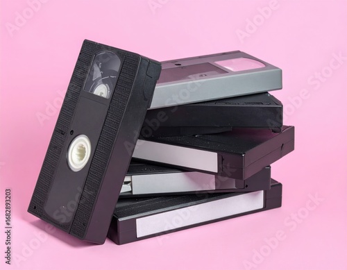 A stack of outdated VHS tapes are arranged against a pink background, highlighting the obsolescence of analog video media