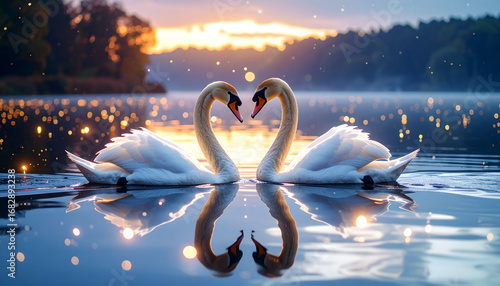 Fototapeta Naklejka Na Ścianę i Meble -  Swan Serenade: Two elegant swans form a heart shape with their necks over serene lake water, perfectly mirroring each other in the early morning glow of dawn.