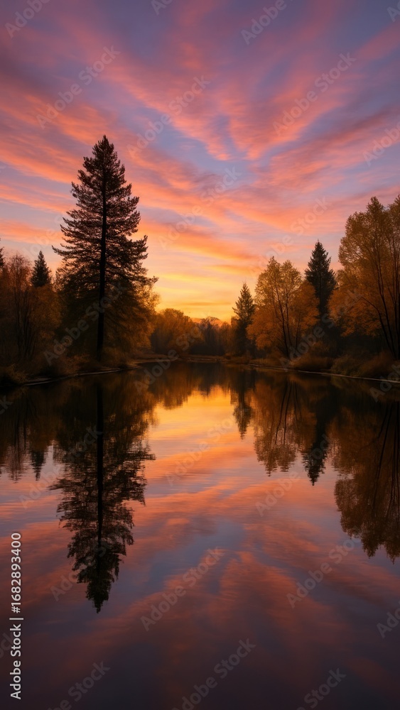 Obraz premium Serene sunset over tranquil lake.