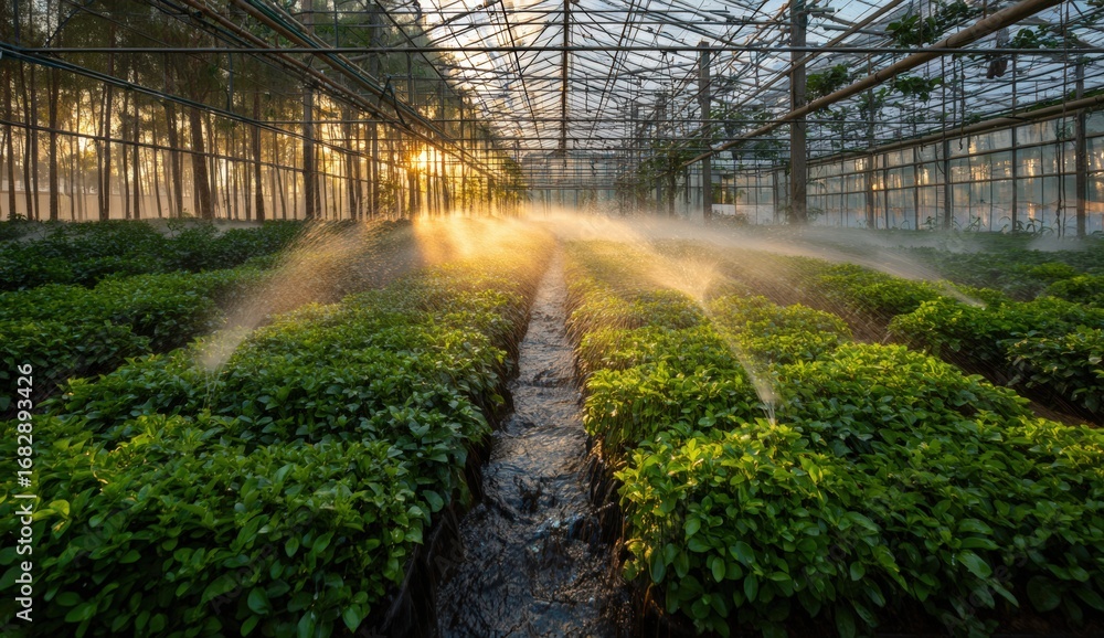 Obraz premium Greenhouse with rows of plants, morning mist