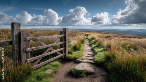 Rustic wooden gate and stile in countryside landscape