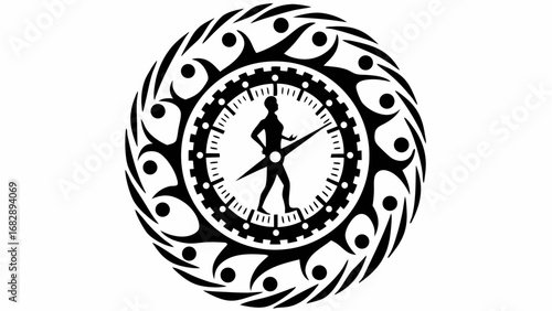 A black and white clock face with a stylized figure inside and tribal design around the perimeter of the clock silhouette