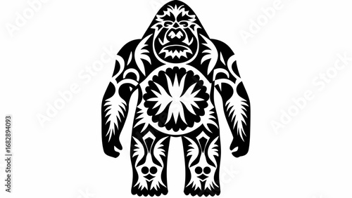 Stylized gorilla with tribal patterns in black and white standing upright with a stern facial expression silhouette