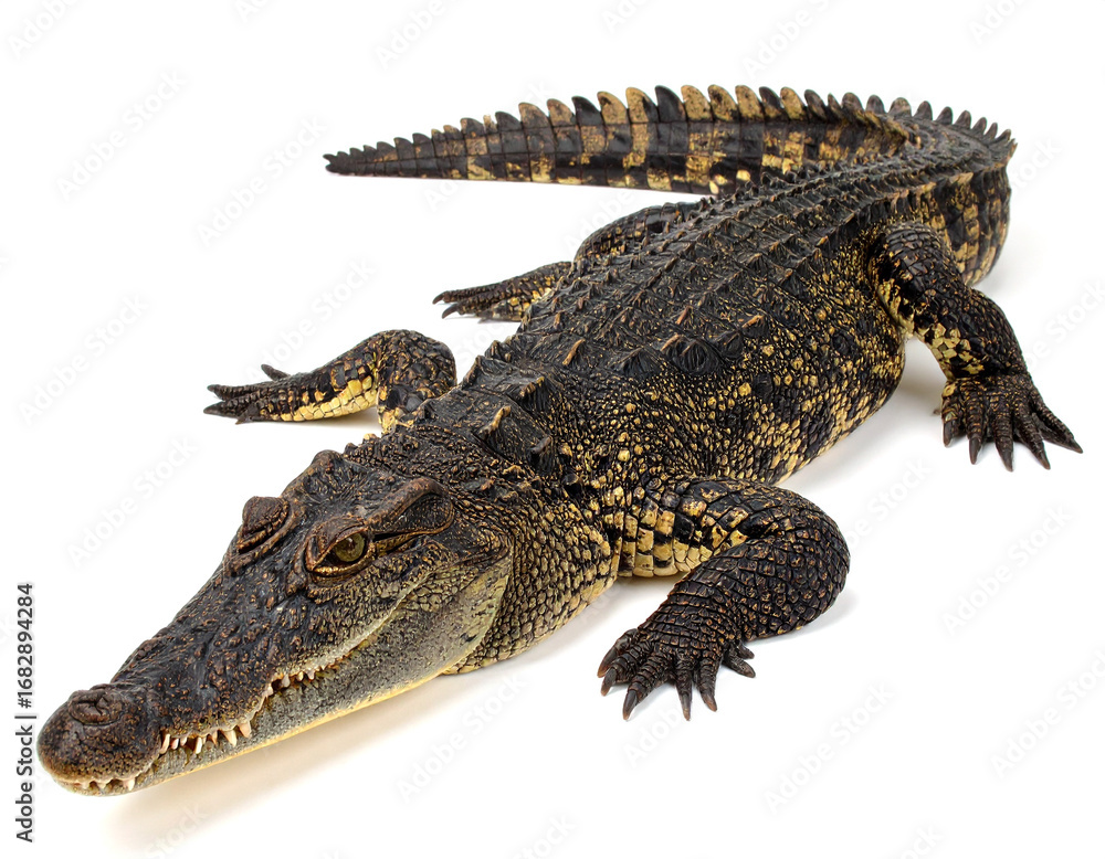 Naklejka premium Crocodile resting calmly showing its textured skin on a white background