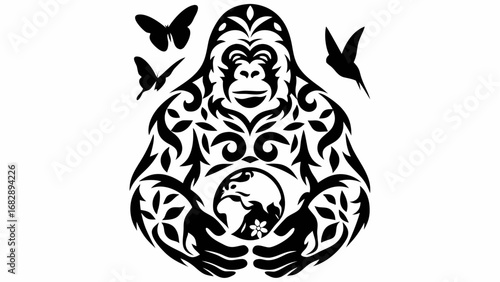Stylized gorilla with tribal patterns holding a globe with butterflies and a hummingbird in black and white silhouette