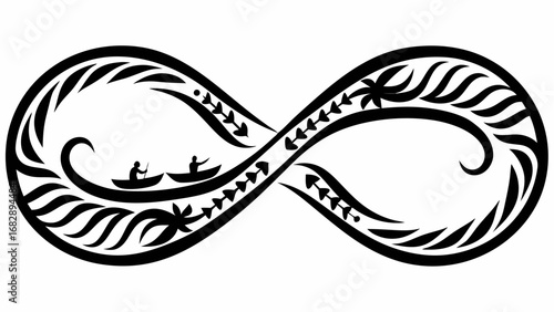 Infinity symbol with tribal patterns and two boats each carrying a single person in black and white design silhouette