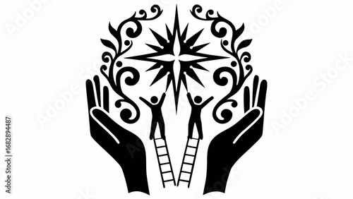 Illustration of two hands holding up two ladders with figures reaching for a star with floral designs silhouette