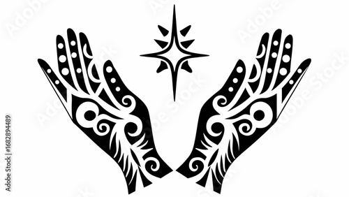 Stylized hands with tribal patterns reaching towards a star in a black and white illustration style silhouette