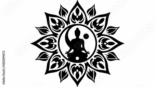 Silhouette of meditating figure inside circle with moon and dot surrounded by floral pattern design