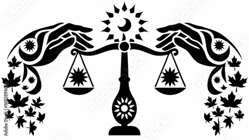 Stylized libra scale held by hands with celestial and floral elements in black and white design art silhouette