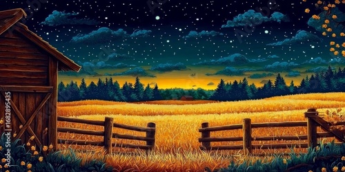 Serene Golden Fields Under a Starry Sky