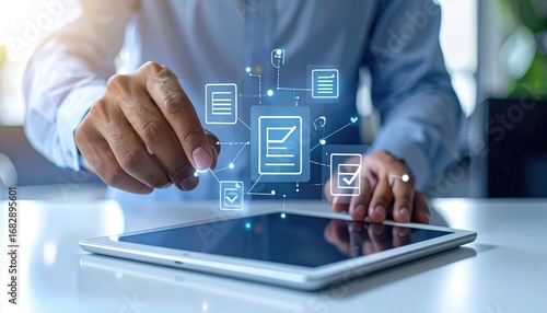 A hand interacts with digital icons on a tablet against a bright background, suggesting data, documents, and connectivity