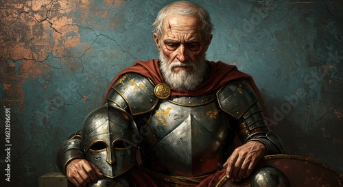 Aged warrior, contemplative, holding a helmet and shield, sits against a textured wall.