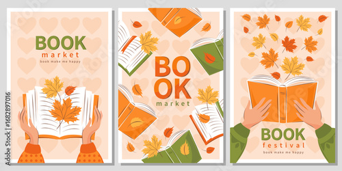 Set of banner for bookfestival, store, library, sale in shop, market. People read books with autumn bright leaves. Vector illustration for poster, cover, sale.