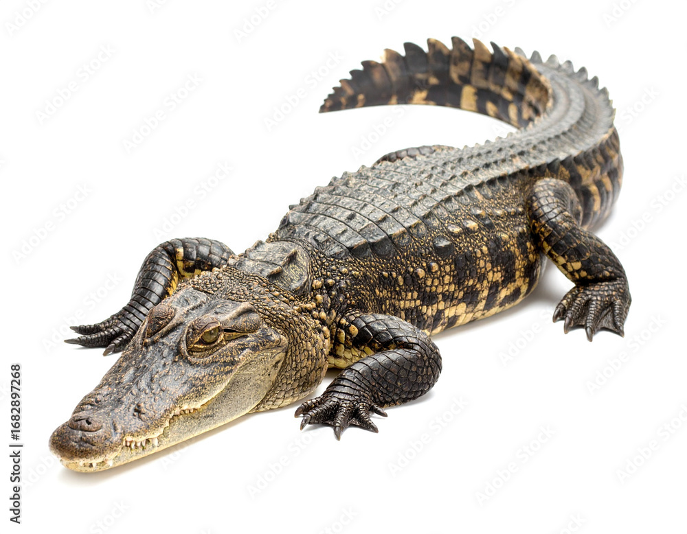Naklejka premium Crocodile basking in sunlight isolated on a white background
