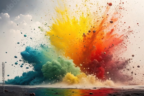 Vibrant explosion of colorful powder clouds against a cloudy sky abstract background