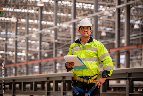 Construction engineer inspecting railway track industrial documents in hand while examining rail structure closely construction, safety and professional project management transportation development.