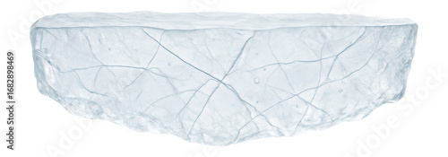 Thin, transparent ice sheet with visible cracks and air bubbles trapped inside